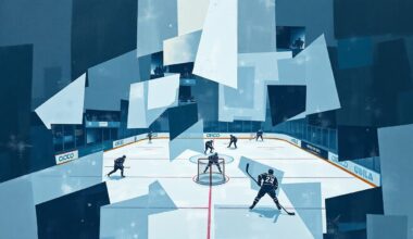 A fragmented, geometric painting in muted blues, grays, and whites, with splashes of red and yellow, depicting the action and intensity of a hockey game in an abstract, deconstructed style.