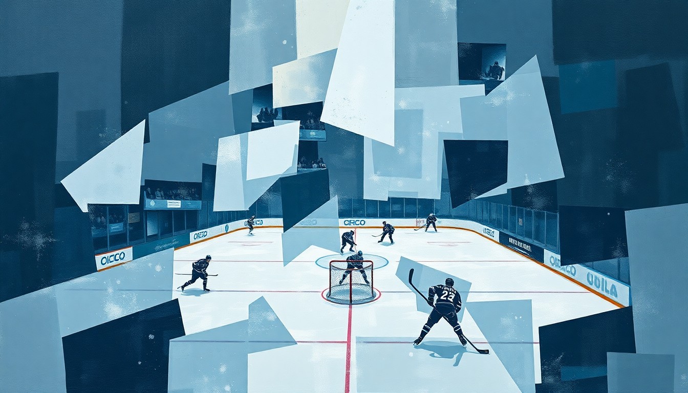 A fragmented, geometric painting in muted blues, grays, and whites, with splashes of red and yellow, depicting the action and intensity of a hockey game in an abstract, deconstructed style.