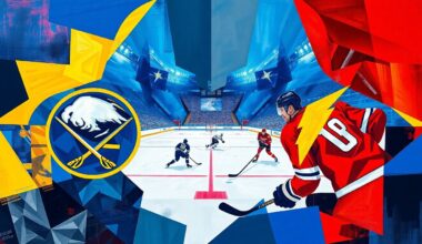 A cubist-style painting depicting a hockey game between the Buffalo Sabres and Tampa Bay Lightning, with the players and action broken down into sharp, overlapping geometric shapes and planes in vibrant blue, gold, and red colors.