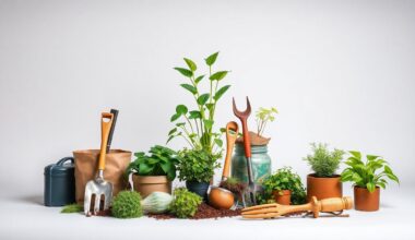 A studio still life photograph featuring a carefully arranged composition of gardening tools, recycled materials, and lush green plants against a clean, monochromatic background, symbolizing the collaborative community effort to beautify and sustain the South Park neighborhood.