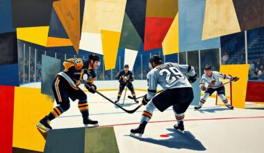 A cubist, geometric painting depicting the action and energy of a hockey game between the Pittsburgh Penguins and Florida Panthers, with the players