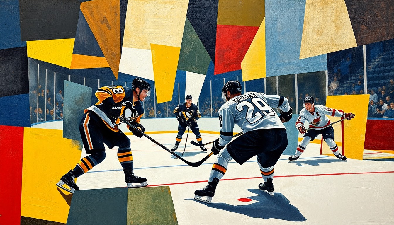 A cubist, geometric painting depicting the action and energy of a hockey game between the Pittsburgh Penguins and Florida Panthers, with the players
