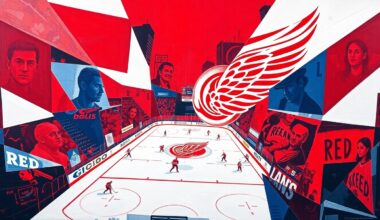 A cubist, geometric painting depicting a Red Wings hockey game, with the players and action broken down into sharp, overlapping planes of red, white, and blue.