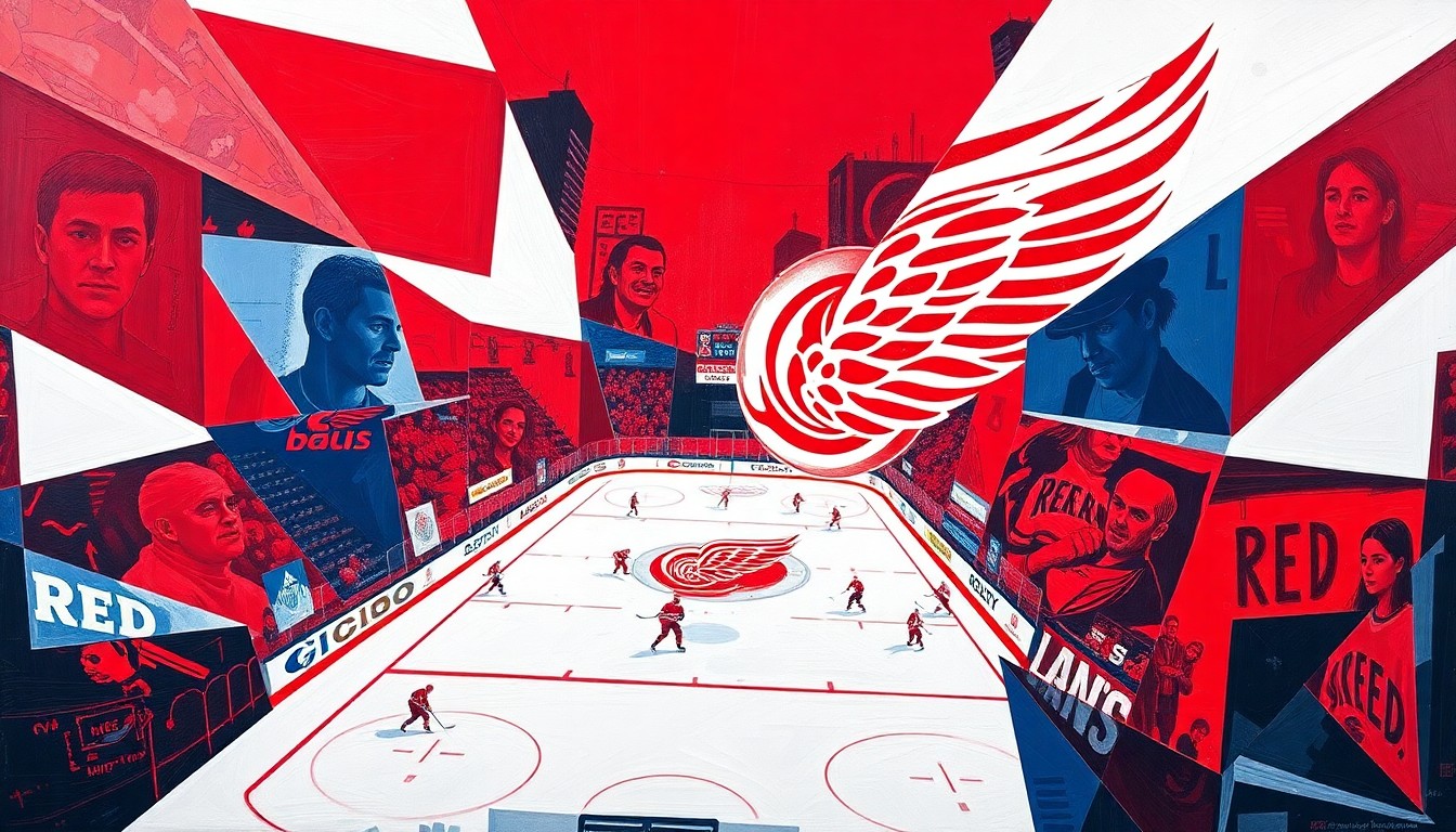 A cubist, geometric painting depicting a Red Wings hockey game, with the players and action broken down into sharp, overlapping planes of red, white, and blue.