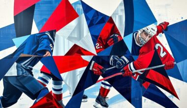 A cubist, geometric painting depicting the abstracted forms of hockey players in motion, with sharp angles and overlapping planes in a palette of navy, red, and silver.
