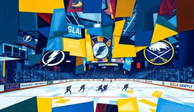 A cubist, geometric painting depicting a hockey game between the Tampa Bay Lightning and Buffalo Sabres, with the players and action broken down into sharp, overlapping planes of color representing the teams