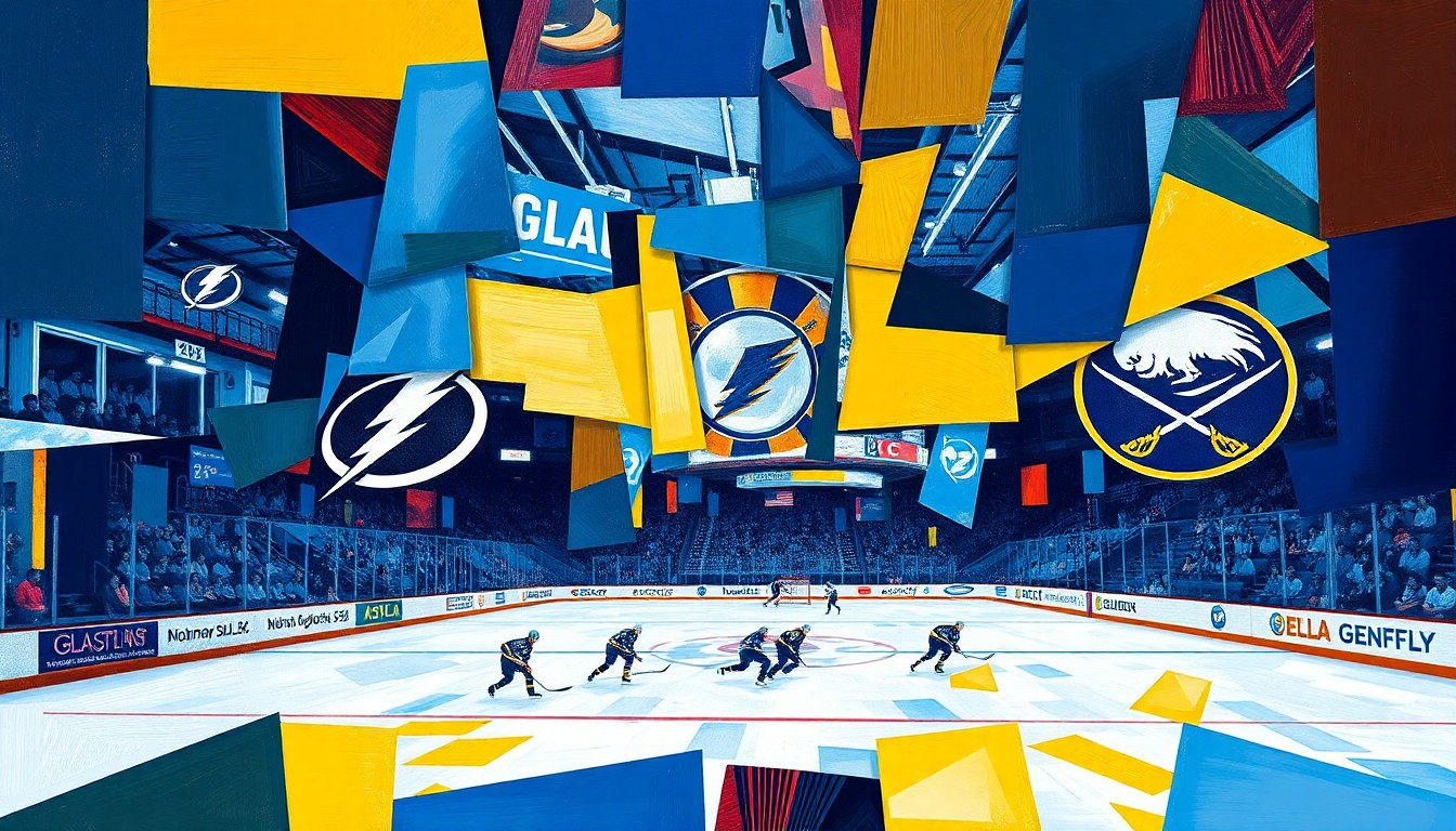 A cubist, geometric painting depicting a hockey game between the Tampa Bay Lightning and Buffalo Sabres, with the players and action broken down into sharp, overlapping planes of color representing the teams
