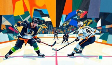 A fragmented, geometric painting depicting a hockey game between the Anaheim Ducks and Nashville Predators, with the players