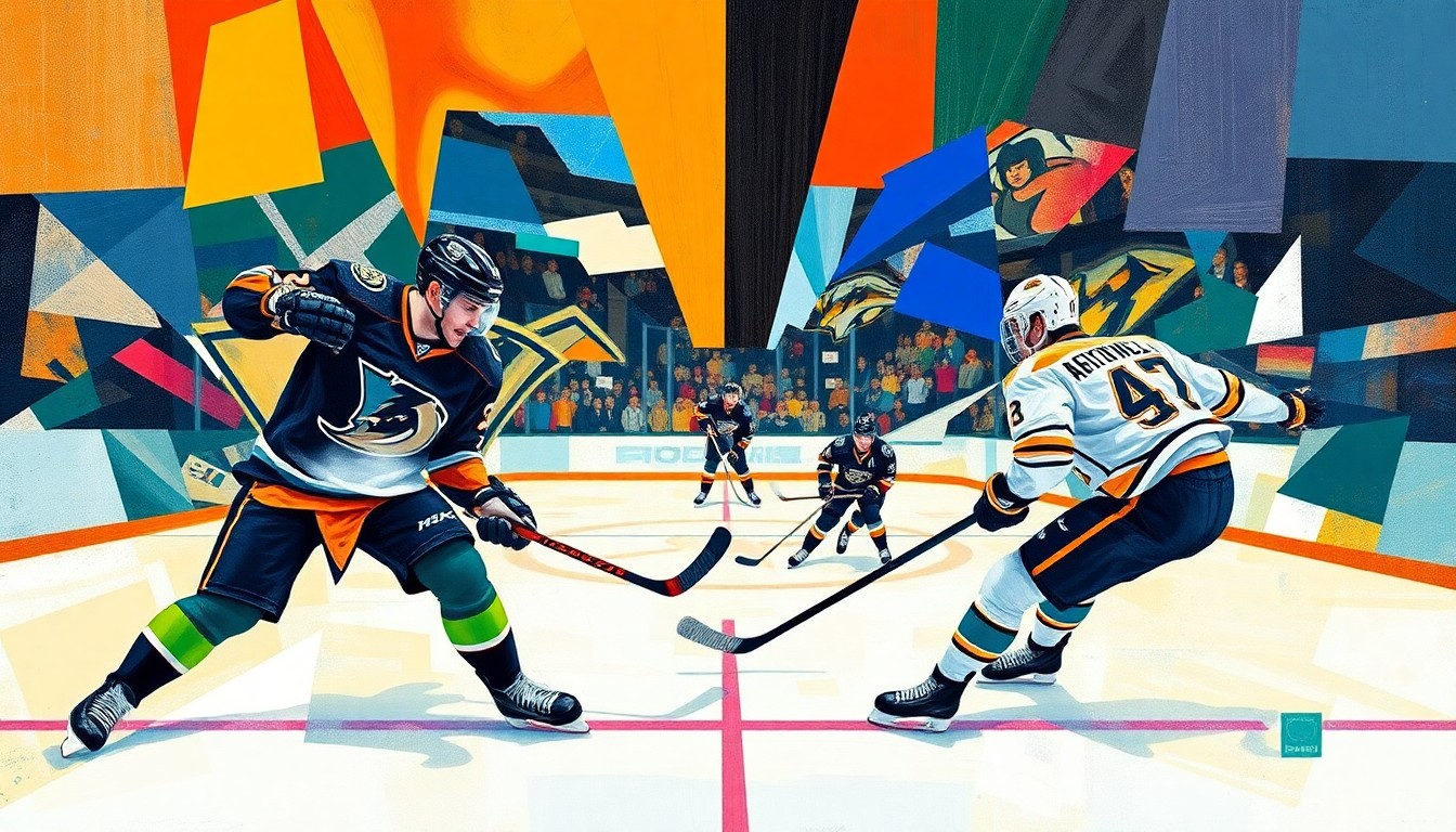 A fragmented, geometric painting depicting a hockey game between the Anaheim Ducks and Nashville Predators, with the players