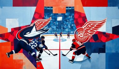 A cubist-style painting featuring overlapping geometric shapes and planes in the official colors of the Columbus Blue Jackets and Detroit Red Wings, capturing the energy and intensity of their late-season matchup.