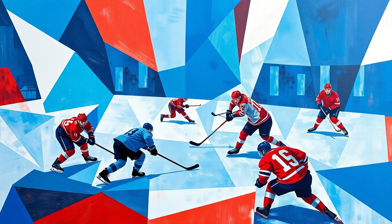 A cubist, geometric painting depicting the dynamic movements of hockey players and a puck, rendered in a vibrant color palette of blues, reds, and whites, capturing the energy and excitement of the sport.