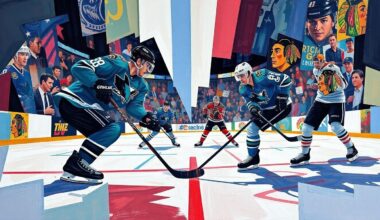 A cubist, geometric painting in bright blues, greens, and reds, capturing the dynamic motion and energy of a hockey game or match.