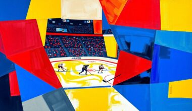 A fractured, cubist-style painting depicting an NHL hockey game, with the players and ice rink broken down into sharp, overlapping geometric shapes in a vibrant color palette of blues, reds, and yellows, capturing the chaotic and shifting nature of the late-season standings.
