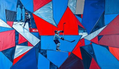 A cubist, geometric painting depicting a fragmented hockey scene, with sharp planes of blue, red, and silver representing the chaotic state of the Maple Leafs