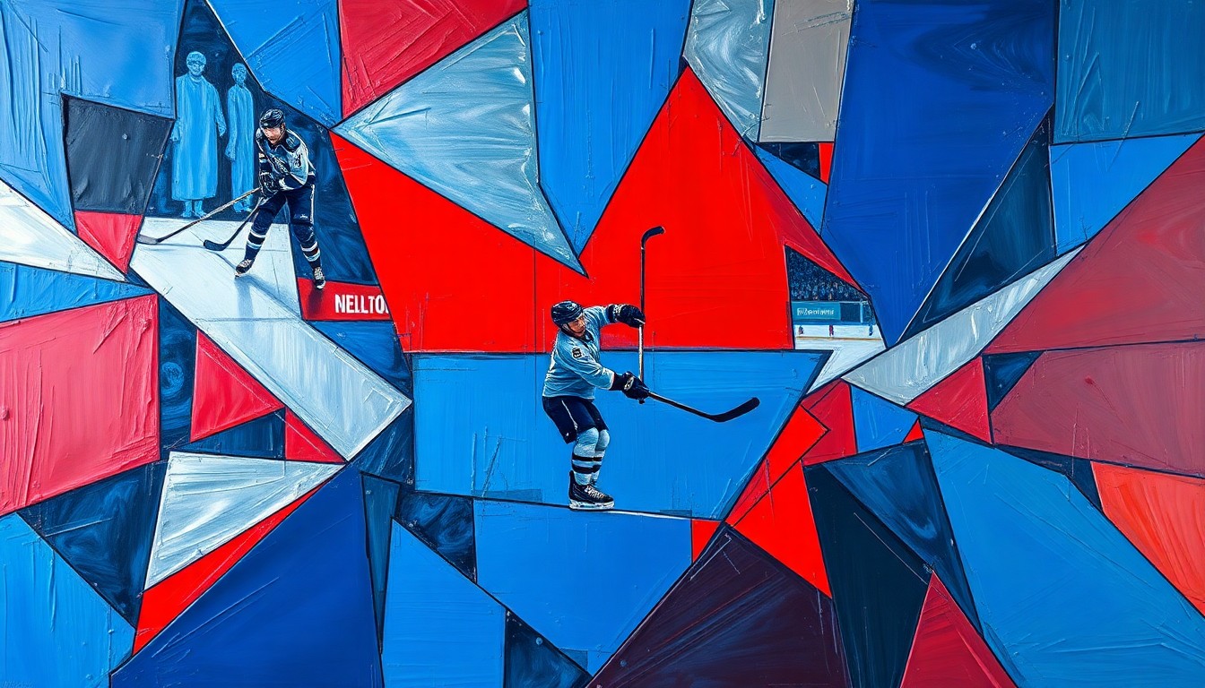 A cubist, geometric painting depicting a fragmented hockey scene, with sharp planes of blue, red, and silver representing the chaotic state of the Maple Leafs