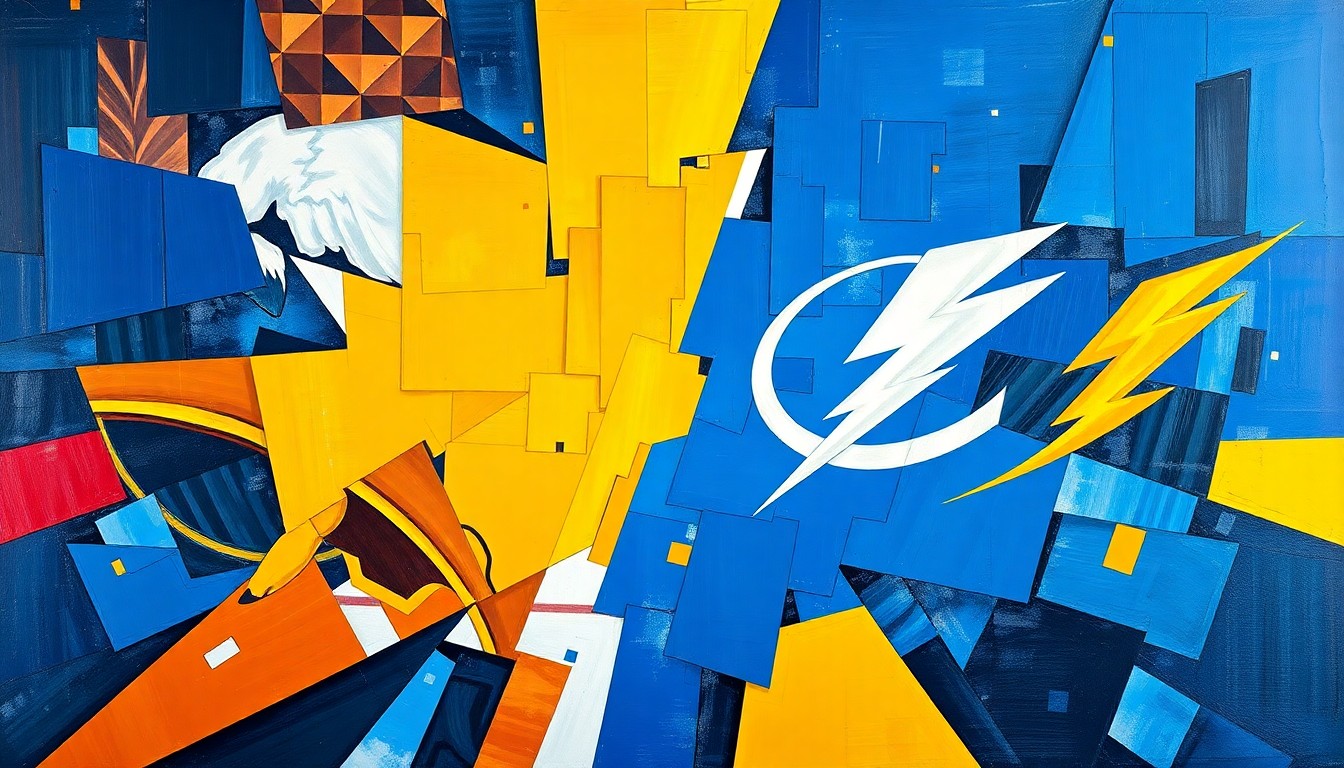 A fragmented, geometric painting depicting a hockey game between the Buffalo Sabres and Tampa Bay Lightning, with sharp planes of blue, gold, and red representing the teams