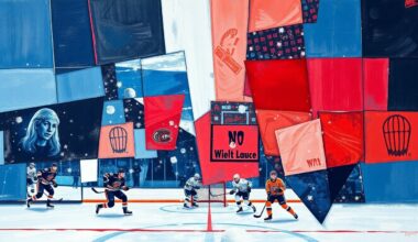 A cubist, fragmented painting in shades of blue, red, and black, depicting a hockey game scene broken down into sharp, overlapping geometric shapes, conveying the discord and divisiveness of the incident.