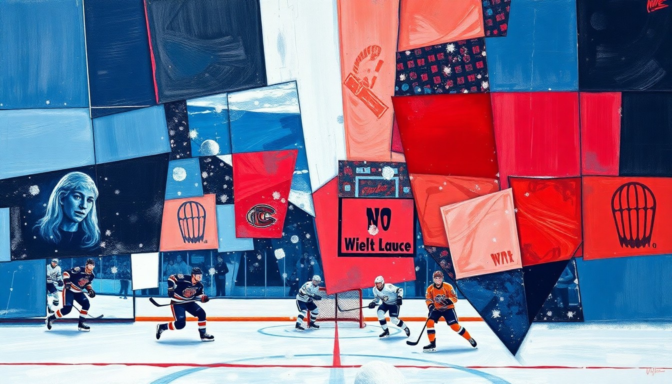 A cubist, fragmented painting in shades of blue, red, and black, depicting a hockey game scene broken down into sharp, overlapping geometric shapes, conveying the discord and divisiveness of the incident.