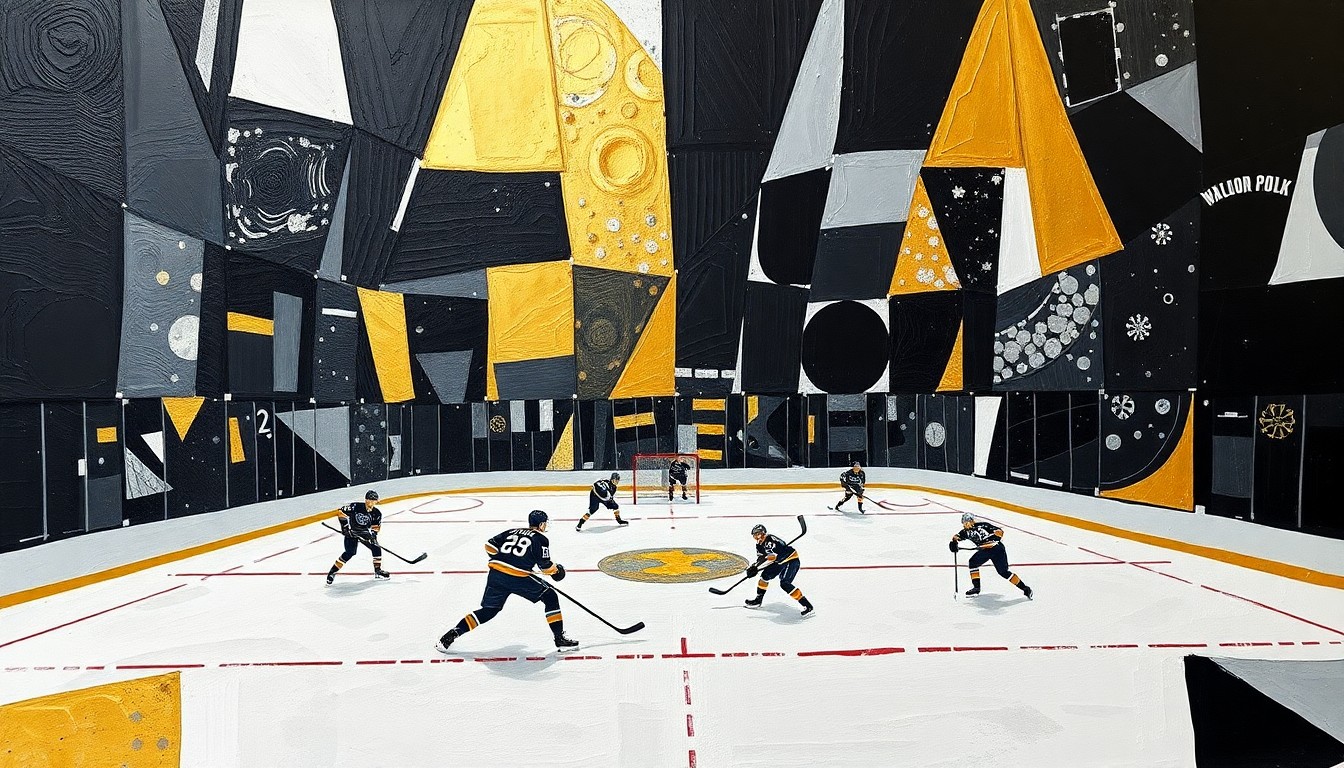 A cubist, geometric painting depicting a fragmented hockey scene, with overlapping planes of black, gold, and white shapes representing the chaotic Eastern Conference playoff race.