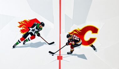 A fractured, multi-perspective painting depicting a hockey game between the Dallas Stars and Calgary Flames, with the players and ice deconstructed into sharp, overlapping geometric planes in the style of Pablo Picasso. The color palette features the official team colors, creating a visually striking and conceptual representation of the high-stakes matchup.