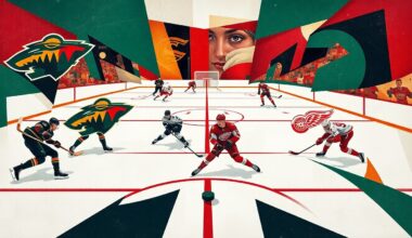 A fragmented, cubist-style painting depicting the dynamic action of a hockey game, with the players and puck represented as abstract geometric shapes in the team colors of the Minnesota Wild and Detroit Red Wings.