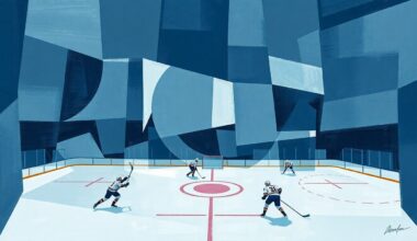 A cubist-style painting featuring overlapping geometric shapes and planes in muted blues, grays, and whites, conceptually representing the fragmented and complex nature of a controversy over a Nazi salute incident at a Dallas Stars hockey game.