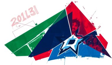 A cubist-style painting featuring sharp, overlapping geometric shapes in navy blue, emerald green, and crimson red, conceptually representing the fractured and multi-faceted nature of addressing discriminatory behavior by fans at a Dallas Stars hockey game.