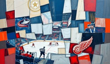 A fractured, multi-perspective painting in the style of Pablo Picasso, breaking a hockey game between two teams down into sharp, overlapping geometric planes of color and form, conveying the intensity and high stakes of the matchup.