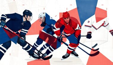 An abstract, cubist-style painting depicting a hockey game, with the players