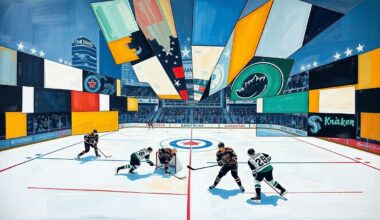 A fragmented, cubist-style painting depicting a hockey game, with sharp, overlapping geometric shapes and planes representing the dynamic action on the ice between the two teams.