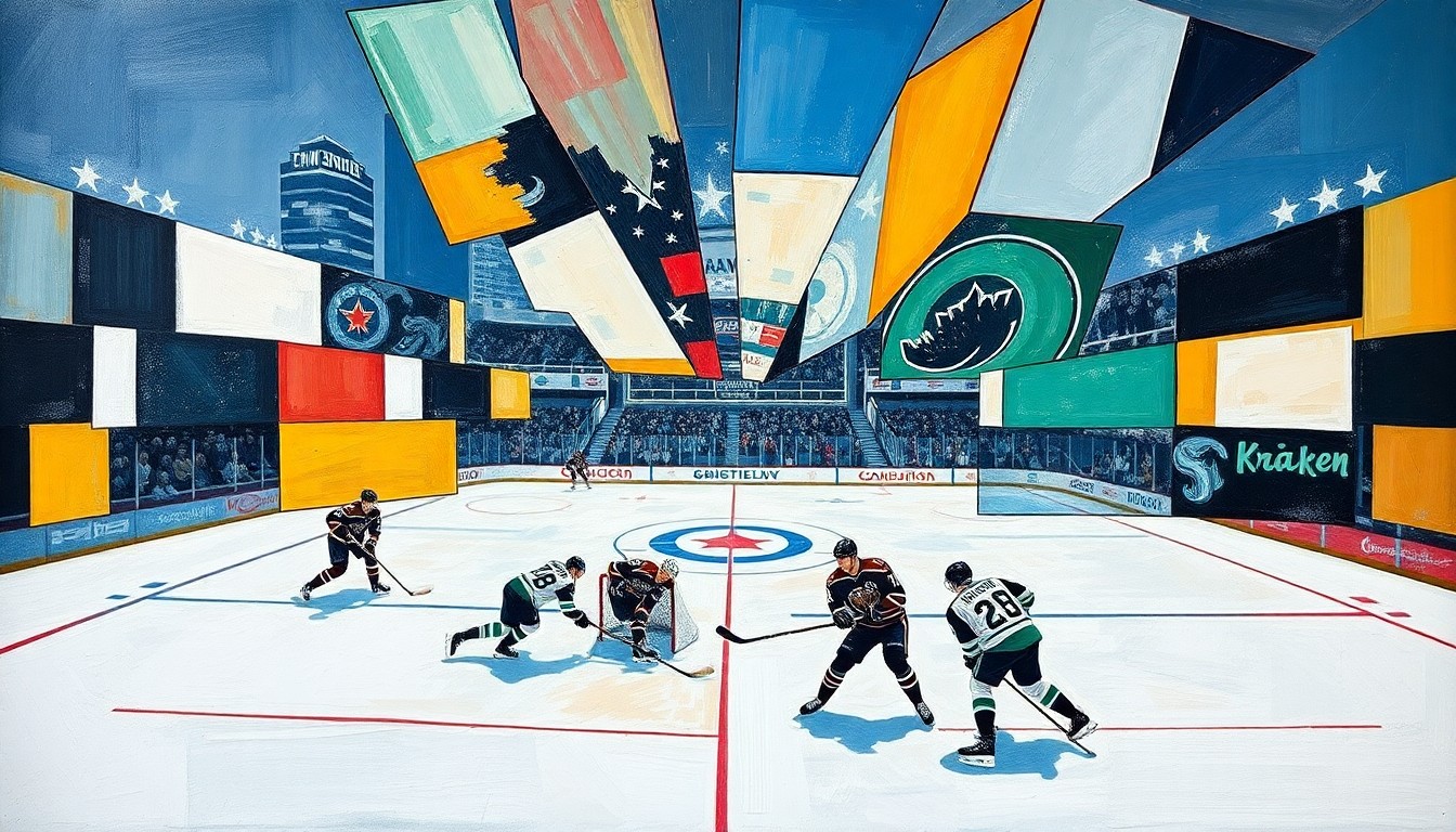A fragmented, cubist-style painting depicting a hockey game, with sharp, overlapping geometric shapes and planes representing the dynamic action on the ice between the two teams.
