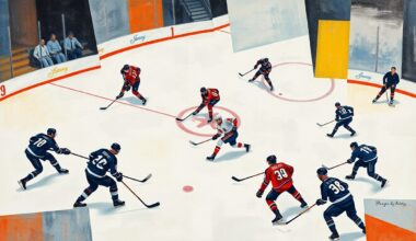 A fragmented, geometric painting depicting the chaotic action of a hockey game, with players