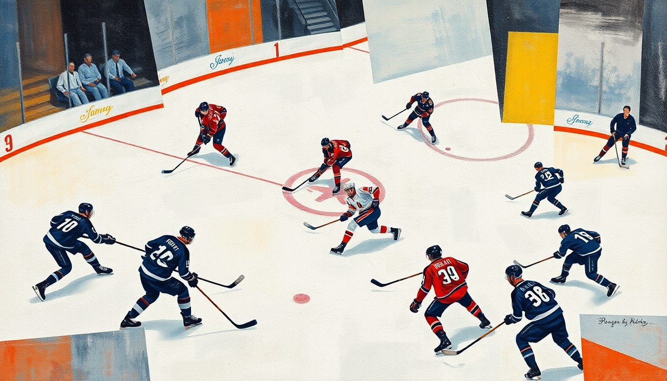 A fragmented, geometric painting depicting the chaotic action of a hockey game, with players