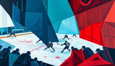 A fractured, multi-perspective painting in the style of Pablo Picasso, breaking a hockey game down into sharp, overlapping geometric planes of navy blue, teal, and crimson red, capturing the Kraken