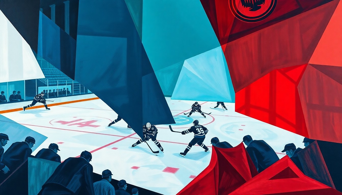 A fractured, multi-perspective painting in the style of Pablo Picasso, breaking a hockey game down into sharp, overlapping geometric planes of navy blue, teal, and crimson red, capturing the Kraken