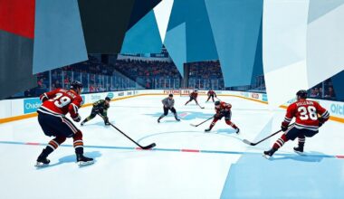 A cubist, geometric painting depicting the action of a hockey game, with players and the puck rendered as fragmented, overlapping shapes and planes in vibrant blues, greens, and reds.