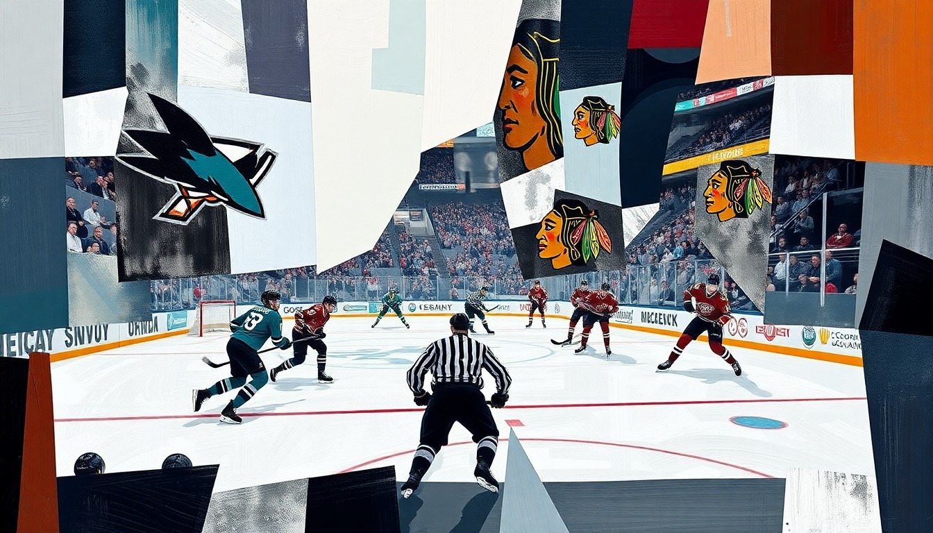A fractured, geometric painting depicting a hockey game between the San Jose Sharks and Chicago Blackhawks, with the players