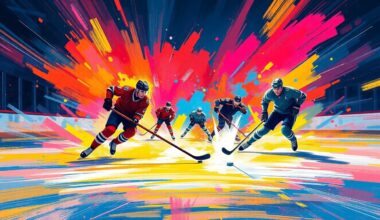 An abstract, neon-colored painting depicting the frenetic action of a professional ice hockey game, with players