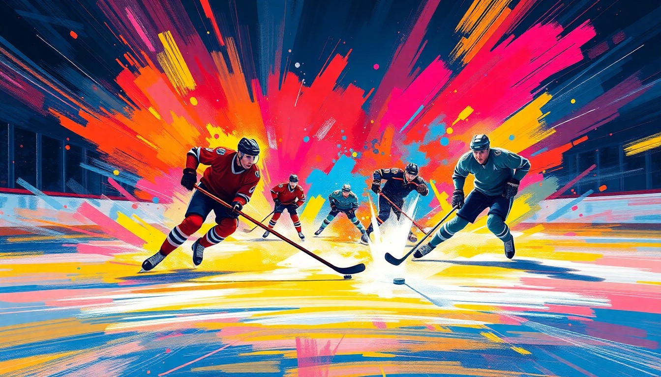 An abstract, neon-colored painting depicting the frenetic action of a professional ice hockey game, with players