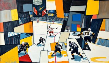 A cubist, geometric painting depicting a hockey game, with players and the puck fractured into sharp, overlapping shapes in a vibrant color palette, conveying the intensity and high stakes of the playoff push.