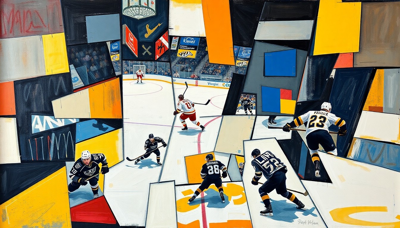A cubist, geometric painting depicting a hockey game, with players and the puck fractured into sharp, overlapping shapes in a vibrant color palette, conveying the intensity and high stakes of the playoff push.