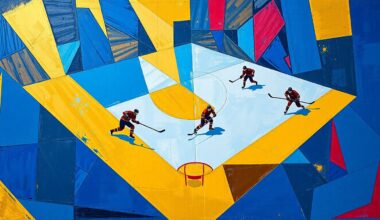 A fractured, multi-perspective painting featuring sharp, overlapping geometric shapes in blue, gold, and crimson, conceptually representing the fast-paced action and high-intensity moments of a close hockey game.
