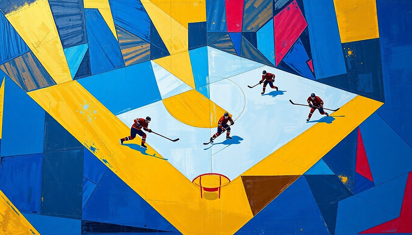 A fractured, multi-perspective painting featuring sharp, overlapping geometric shapes in blue, gold, and crimson, conceptually representing the fast-paced action and high-intensity moments of a close hockey game.