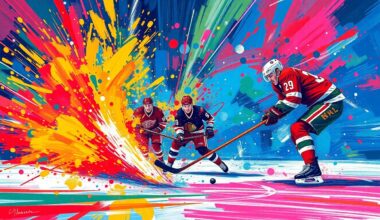 An abstract, expressionist painting in vibrant neon colors depicting the chaotic motion and energy of a hockey shootout, with the puck and players