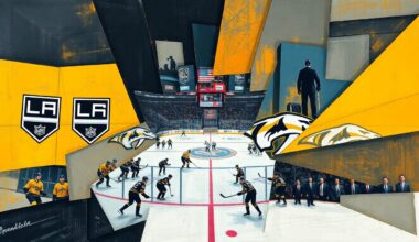A fragmented, geometric painting depicting a hockey game between the Los Angeles Kings and Nashville Predators, with the players and action broken down into sharp, overlapping shapes and planes of color.