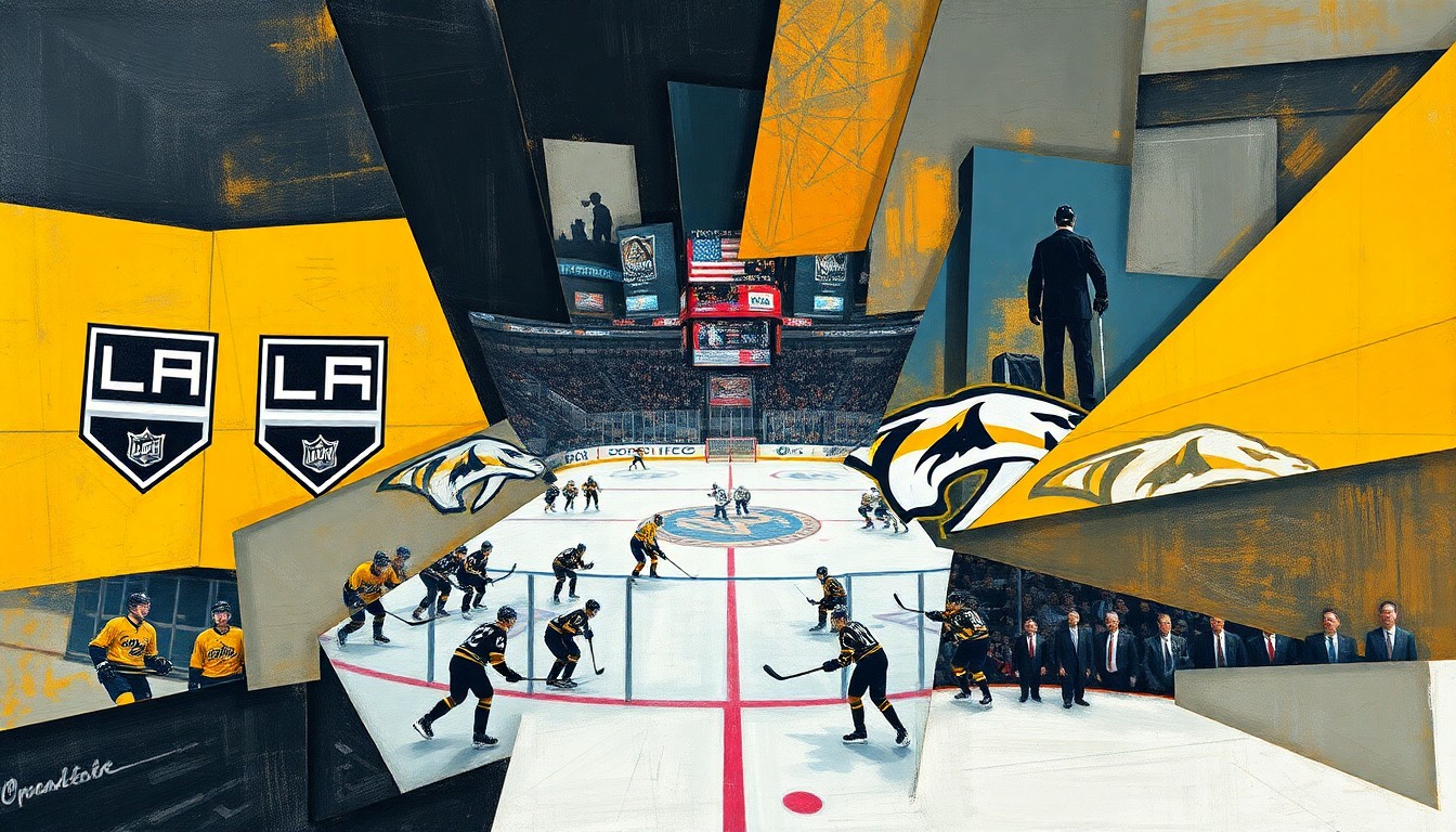 A fragmented, geometric painting depicting a hockey game between the Los Angeles Kings and Nashville Predators, with the players and action broken down into sharp, overlapping shapes and planes of color.