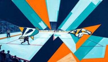 A fractured, cubist-style painting depicting the action of a hockey game, with players and the puck broken down into sharp geometric shapes and planes of teal, orange, and navy blue.