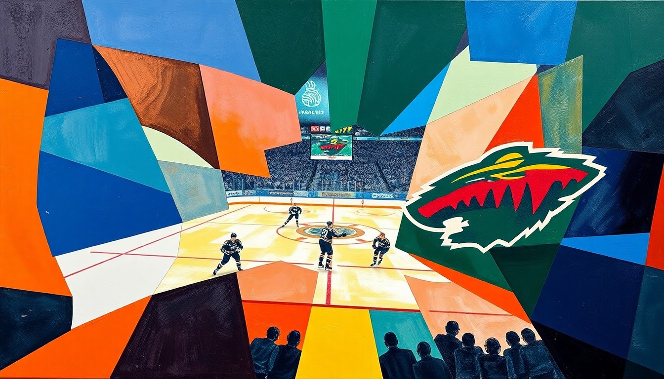 A cubist, geometric painting depicting a hockey game, with the players and action broken down into overlapping angular shapes in the team colors of the Seattle Kraken and Minnesota Wild.