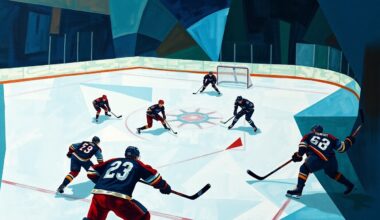 A cubist, geometric painting depicting a hockey game, with players and the ice reduced to angular, abstracted shapes in a palette of deep blues, greens, and reds.