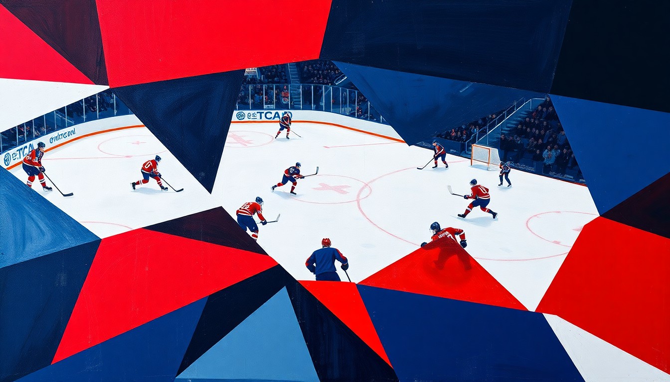 A cubist, geometric painting depicting a hockey game, with the players and ice reduced to sharp, overlapping shapes in a vibrant color palette of navy, red, and white.